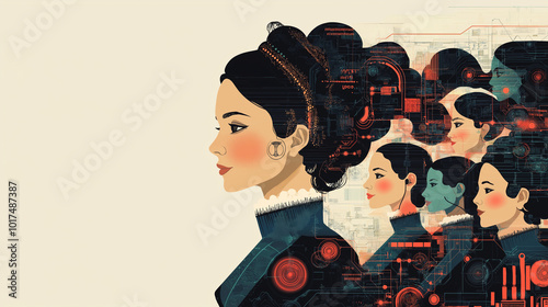 Women in Tech, a poster with Ada Lovelace at the forefront, surrounded by modern female tech pioneers, celebrating the legacy of women in computing, with copy space, Ada Lovelace D