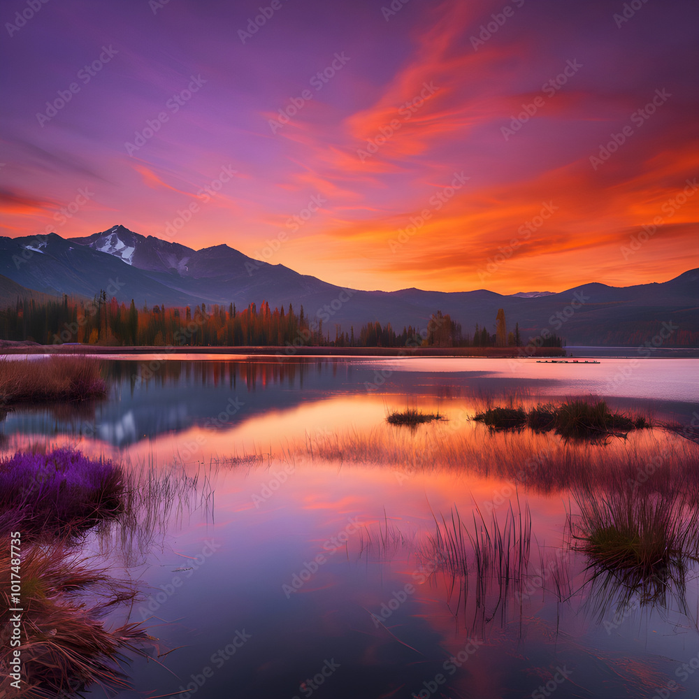 Fototapeta premium A serene sunset over a crystal-clear lake with vibrant orange and purple skies reflecting perfectly in the water - Generative AI
