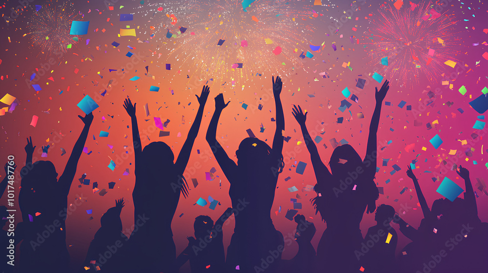 A group of people dancing in celebration with confetti and fireworks in the background. A group of people dancing in celebration with confetti and fireworks in the background.