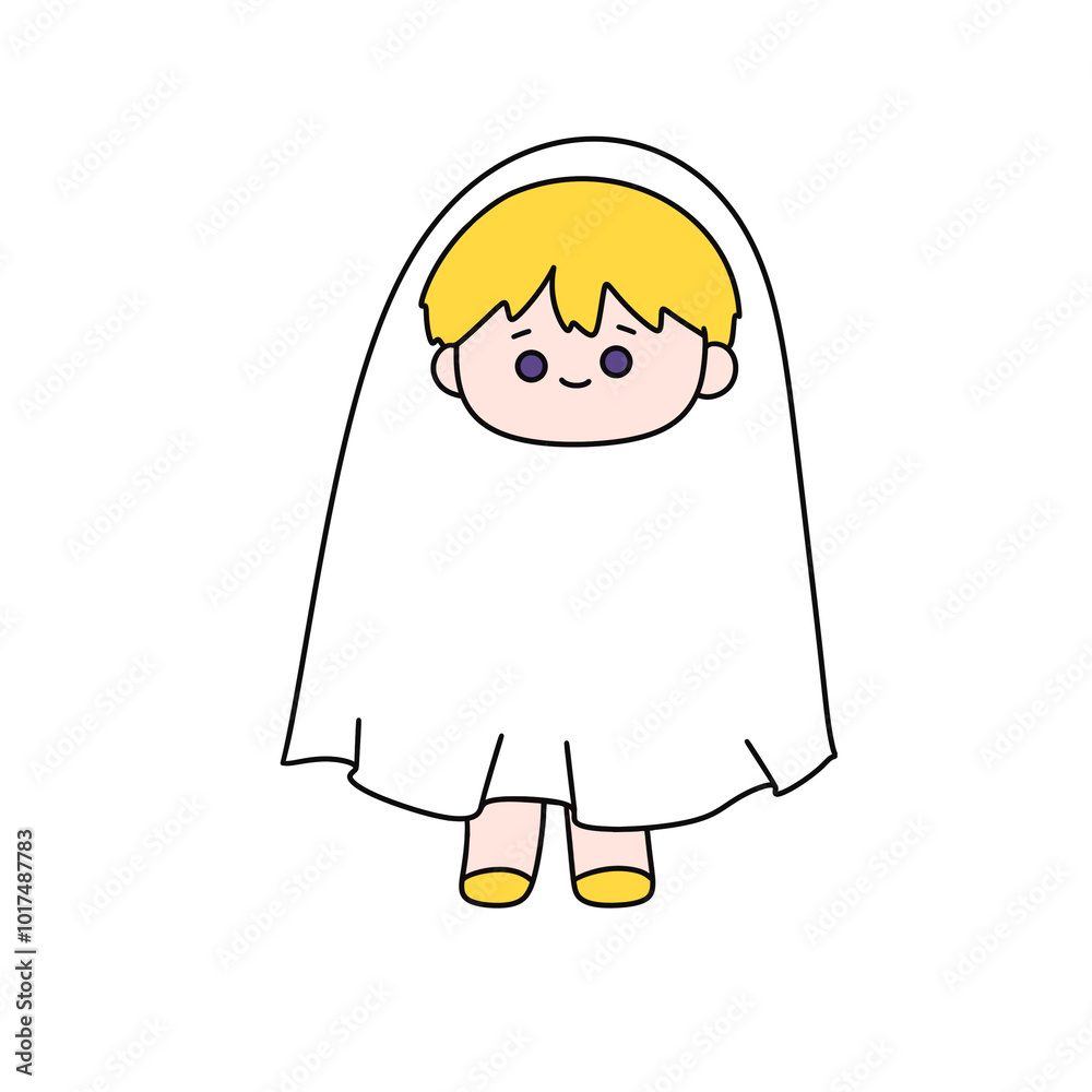 A cartoon drawing of a young boy wearing a white veil A cartoon drawing of a young boy wearing a white veil