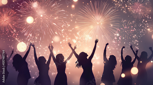 A group of women silhouetted against a background of celebratory fireworks.