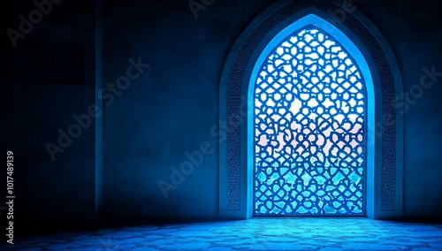 Intricate Blue Arched Window, Dark Room, Islamic Design. Illuminated blue door in morocco style. photo