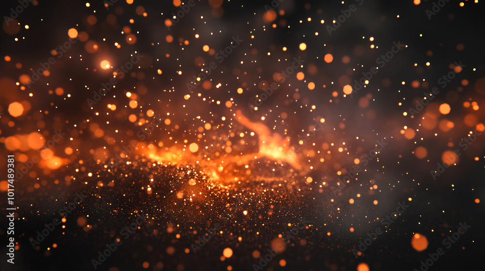 A dark background with a scattering of orange glowing particles and blurred bokeh lights. A dark background with a scattering of orange glowing particles and blurred bokeh lights.