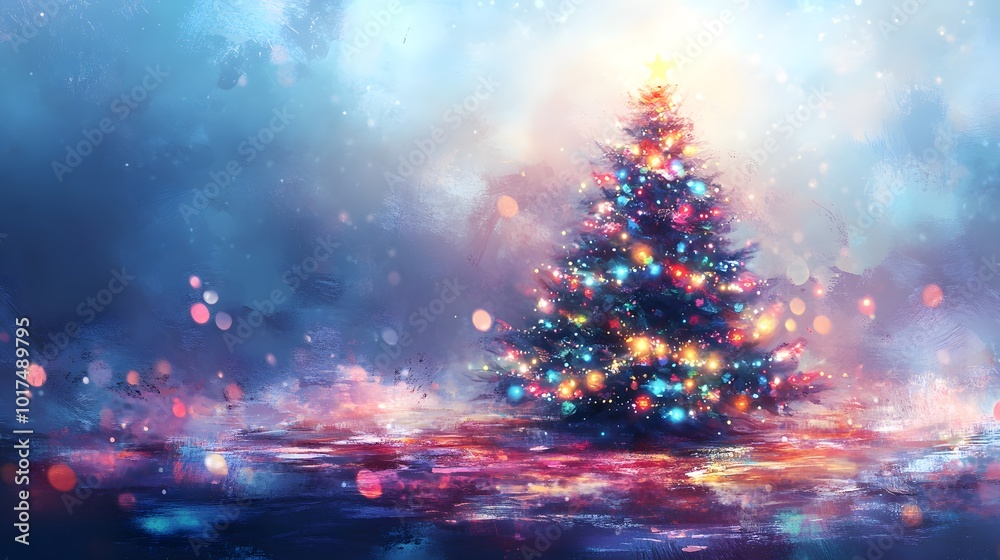 A Festive Christmas Tree Standing Tall Against a Blue and Purple Watercolor Sky A Festive Christmas Tree Standing Tall Against a Blue and Purple Watercolor Sky