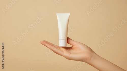 Elegant Presentation of a Blank Mockup Tube for Cream or Lotion Held by a Fragile Female Hand Against a Beige Isolated Background for Skincare and Cosmetic Branding.