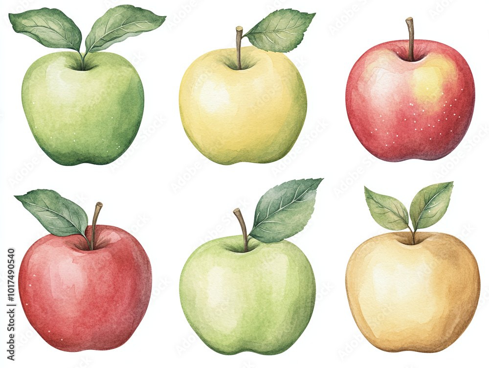 Watercolor Illustration of Red, Green, and Yellow Apples Watercolor Illustration of Red, Green, and Yellow Apples