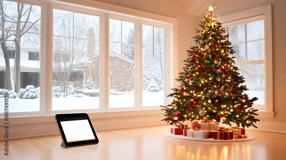 Fototapeta premium A cozy living room featuring a decorated Christmas tree, bright lights, and a tablet beside it, with a snowy view outside.
