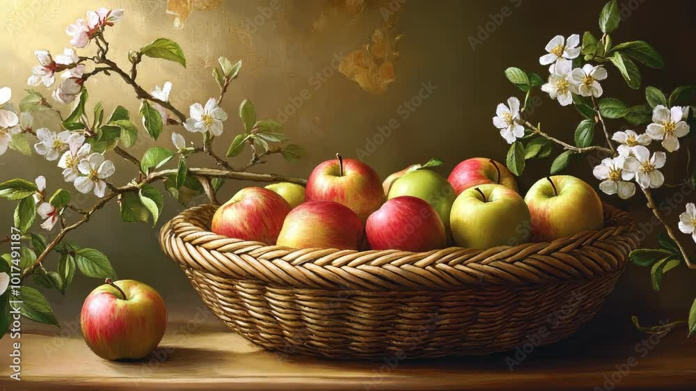 A wicker basket filled with red and green apples sits on a wooden table, surrounded by blossoming apple branches A wicker basket filled with red and green apples sits on a wooden table, surrounded by blossoming apple branches