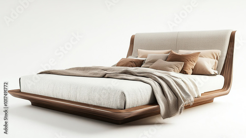 Modern bed with wooden frame and linen bedding on white background photo