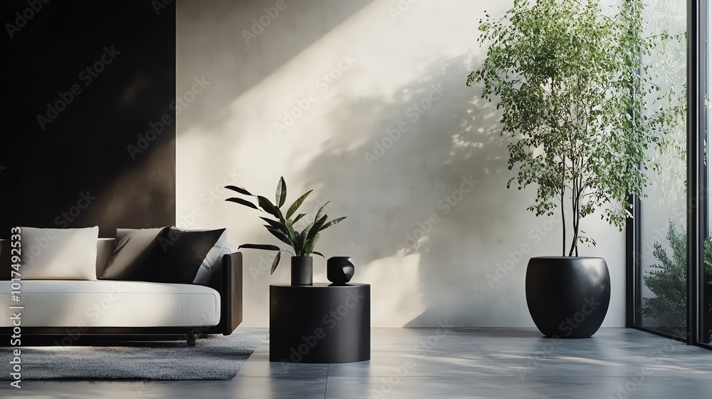 Minimalist living room with white couch and plants. Minimalist living room with white couch and plants.