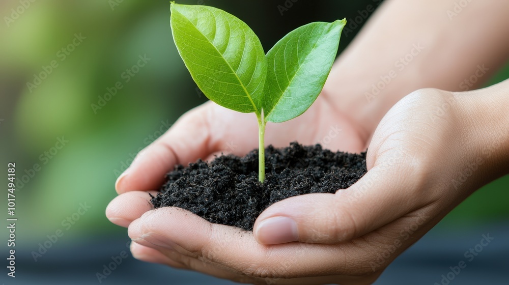 Hands Holding Small Green Plant Seedling in Soil Environmental Sustainability Concept Hands Holding Small Green Plant Seedling in Soil Environmental Sustainability Concept