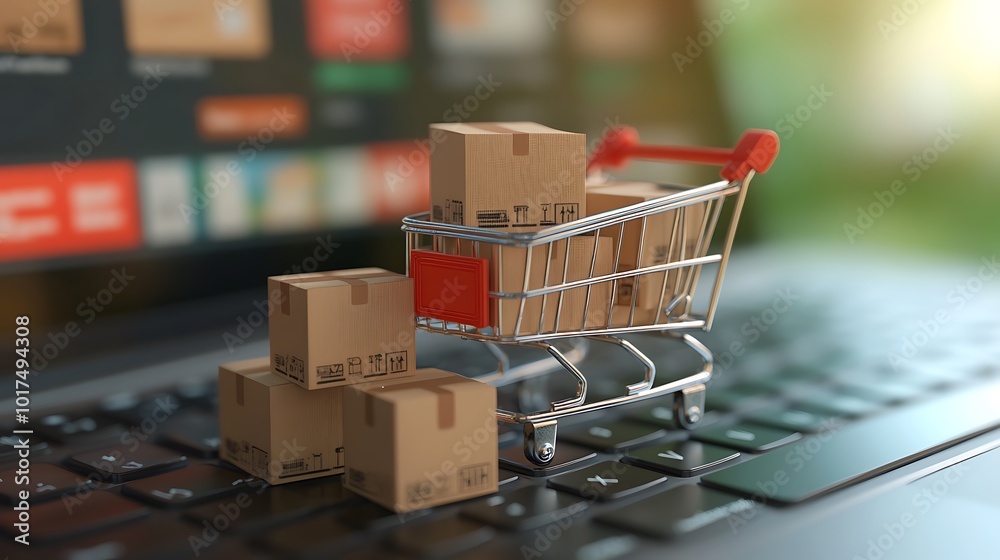 Shopping cart with boxes on a laptop keyboard.