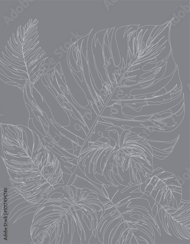 White lines of tropical leaves and monstera palm leaves pattern on gray background, flat line vector and illustration.