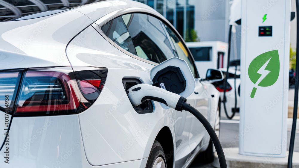 Fototapeta premium Close-up of an electric vehicle plugged into a charging station, emphasizing clean energy, sustainability, and modern transportation technology.