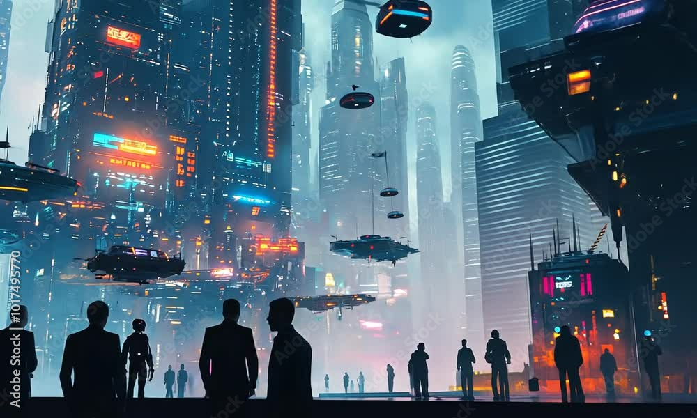 Futuristic Cityscape with Flying Vehicles and Neon Lights