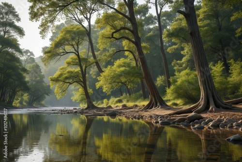 trees are growing along the edge of a river in a forest photo