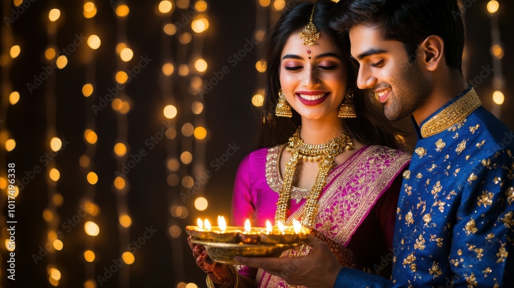 Portrait of a young Indian woman in a bright fuchsia saree and a young Indian man in a royal blue sherwani, both together holding a single big thali with diyas, indoor Diwali backdrop Portrait of a young Indian woman in a bright fuchsia saree and a young Indian man in a royal blue sherwani, both together holding a single big thali with diyas, indoor Diwali backdrop