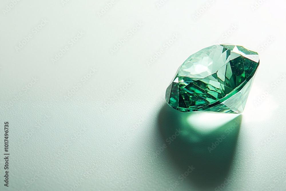 A radiant green gem glimmers softly against a pristine backdrop, highlighting its flawless cut and rich color, ideal for high-end design. A radiant green gem glimmers softly against a pristine backdrop, highlighting its flawless cut and rich color, ideal for high-end design.