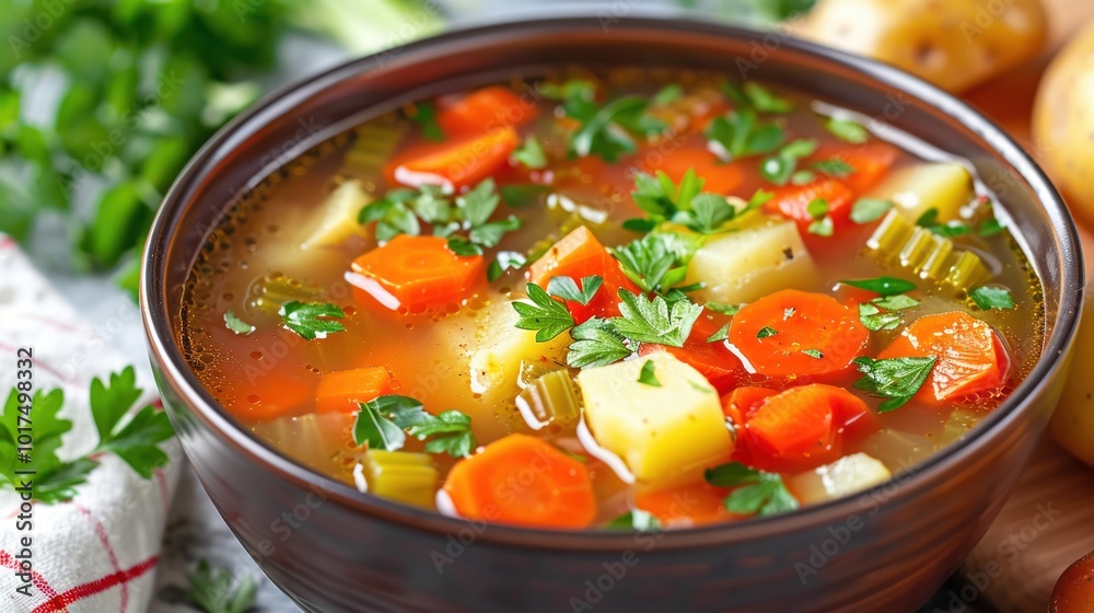 A comforting bowl of vegetable soup with chunks of carrot potato A comforting bowl of vegetable soup with chunks of carrot potato
