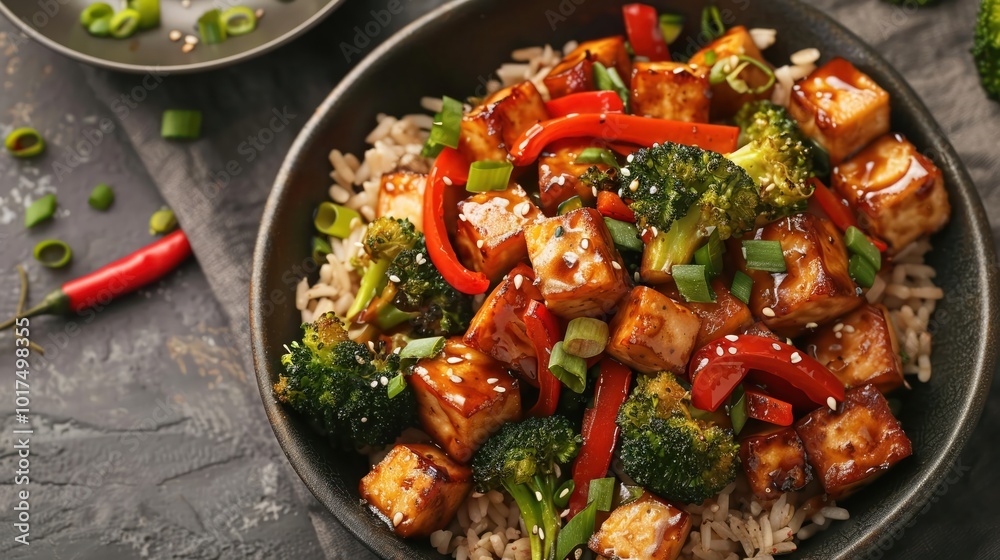 A dish of stir-fried tempeh with broccoli peppers A dish of stir-fried tempeh with broccoli peppers