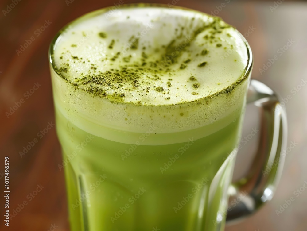 A glass of matcha green tea frothy and bright green A glass of matcha green tea frothy and bright green