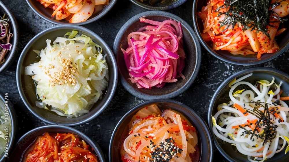 A selection of fermented foods like kimchi sauerkraut A selection of fermented foods like kimchi sauerkraut