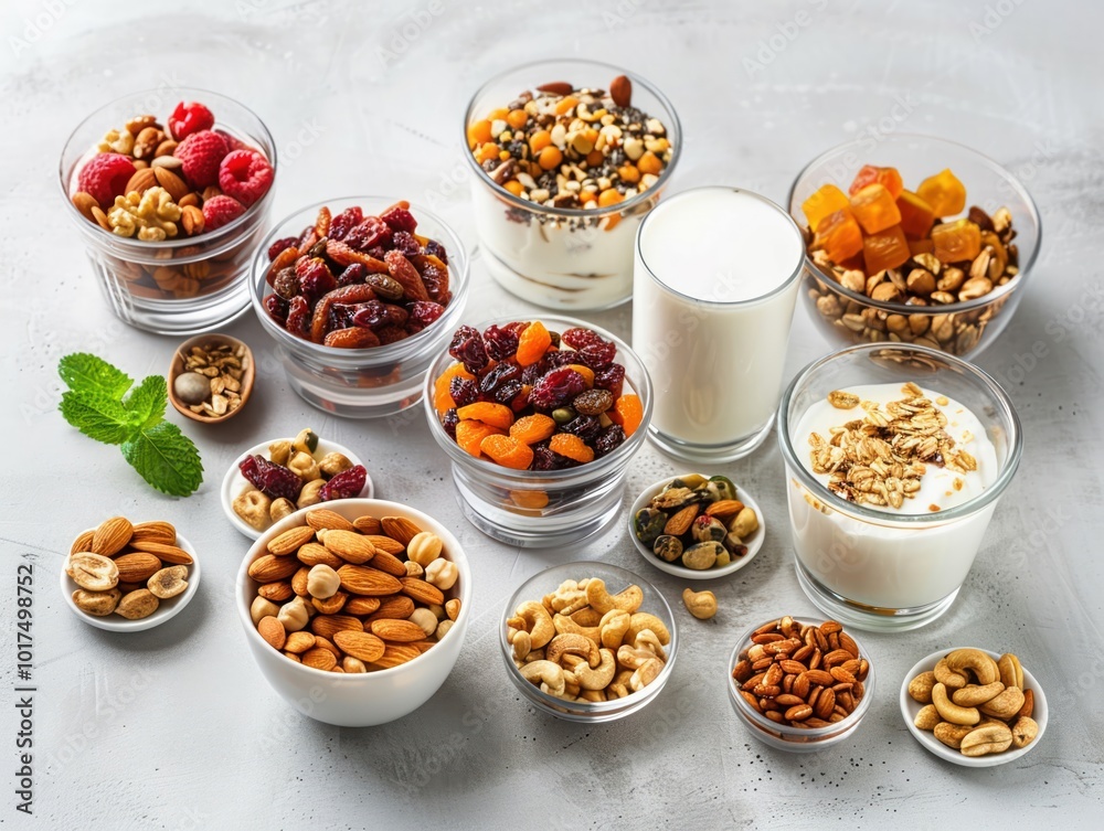 A selection of healthy snacks including raw nuts dried fruits A selection of healthy snacks including raw nuts dried fruits