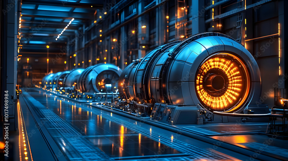 Obraz premium Futuristic Industrial Facility with Glowing Machinery.