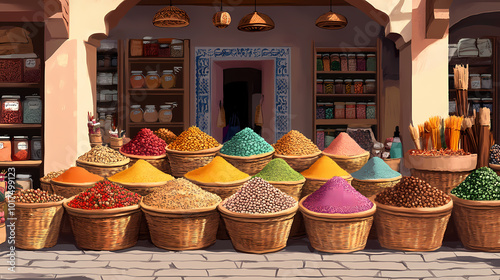 Traditional moroccan market stall selling colorful spices and herbs in baskets. Moroccan Souk. Illustration