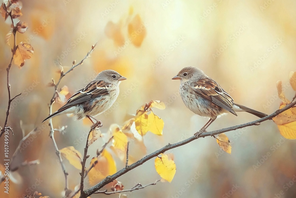 Fototapeta premium Elegant feathered beings rest on branches, displaying detailed plumage amidst a softly diffused backdrop in a striking image.