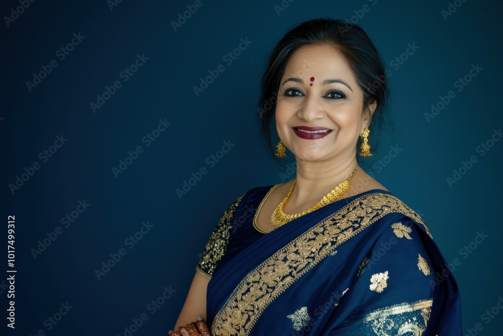 Portrait of Indian woman in deep navy blue saree with gold work, laughing and looking at the camera, with a navy blue to dark teal gradient glowing backdrop, Indian traditional Diwali festival Portrait of Indian woman in deep navy blue saree with gold work, laughing and looking at the camera, with a navy blue to dark teal gradient glowing backdrop, Indian traditional Diwali festival