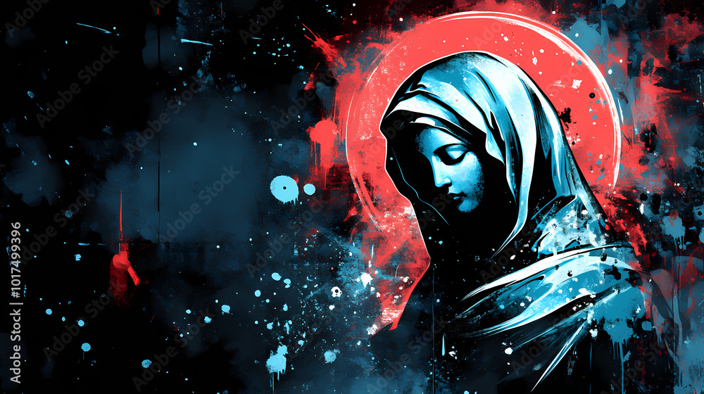 Spray paint mother mary graffiti art on blue black and red background. Stencil Graffiti. Illustration Spray paint mother mary graffiti art on blue black and red background. Stencil Graffiti. Illustration
