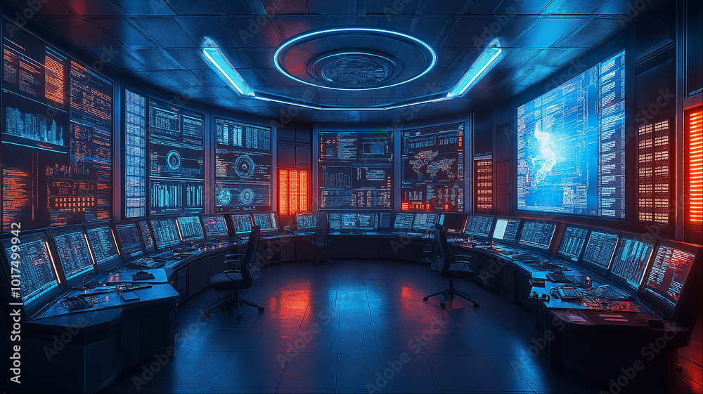 Futuristic sci-fi control room with glowing screens and holographic displays, immersive cybersecurity command center Futuristic sci-fi control room with glowing screens and holographic displays, immersive cybersecurity command center