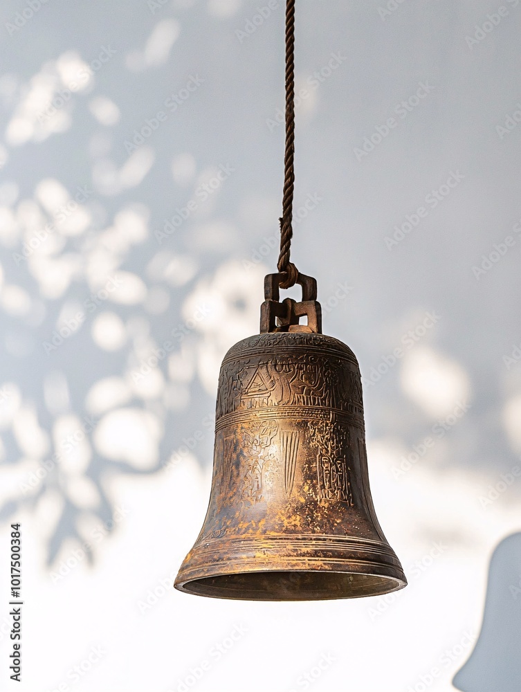 Obraz premium An ornate bell dangles gracefully, creating gentle shadows on a pristine backdrop that highlights its exquisite artistry and rich heritage.