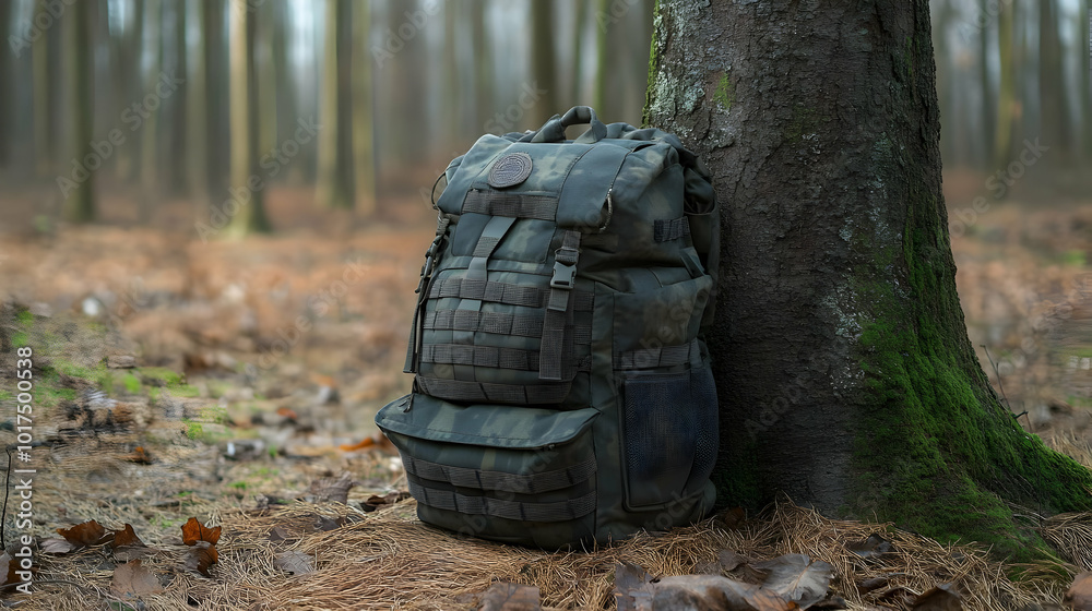 Camo Backpack Leaning Against Tree in Forest. Camo Backpack Leaning Against Tree in Forest.