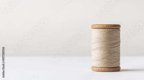 A vertical thread spool with beautifully coiled fabric sits against a pristine white backdrop, perfect for sewing and crafting visuals. photo