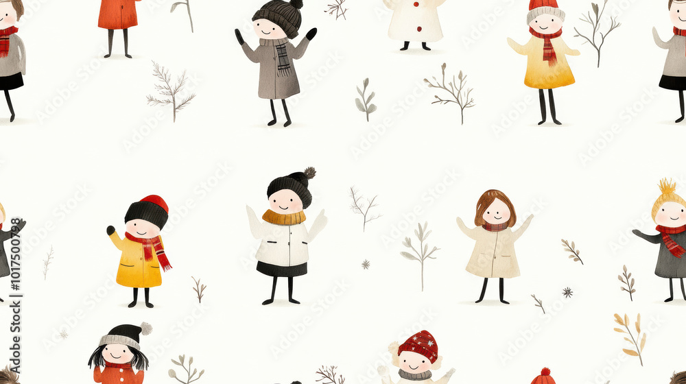 Naklejka premium Cheerful winter characters in cozy attire celebrate season with joy, surrounded by delicate winter foliage. Their playful expressions and colorful outfits create festive atmosphere
