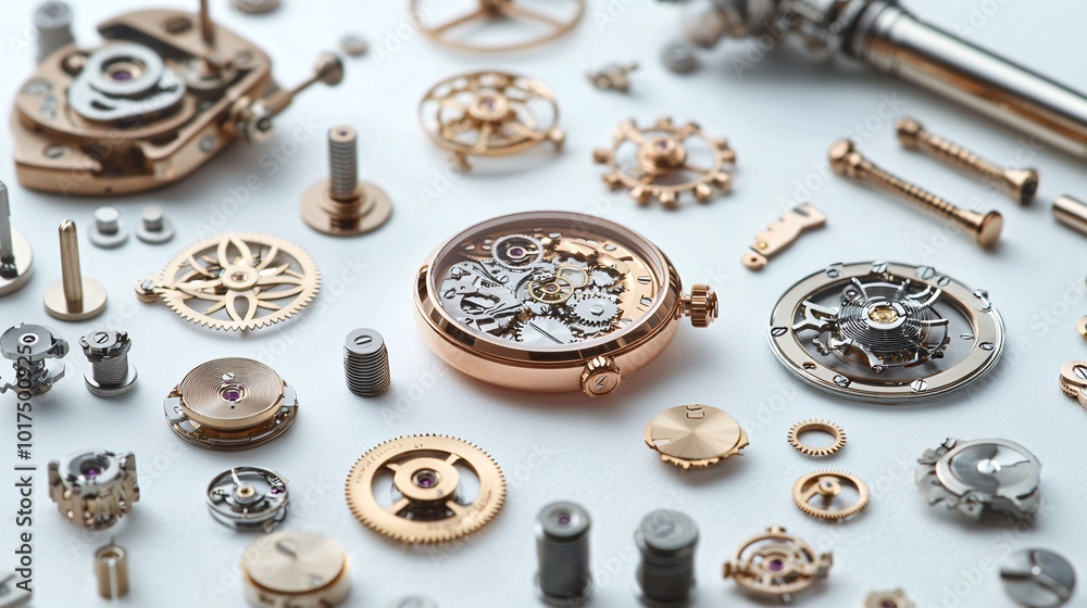 A pristine white backdrop highlights the intricate designs and craftsmanship of meticulously assembled timepiece components for watch aficionados. A pristine white backdrop highlights the intricate designs and craftsmanship of meticulously assembled timepiece components for watch aficionados.