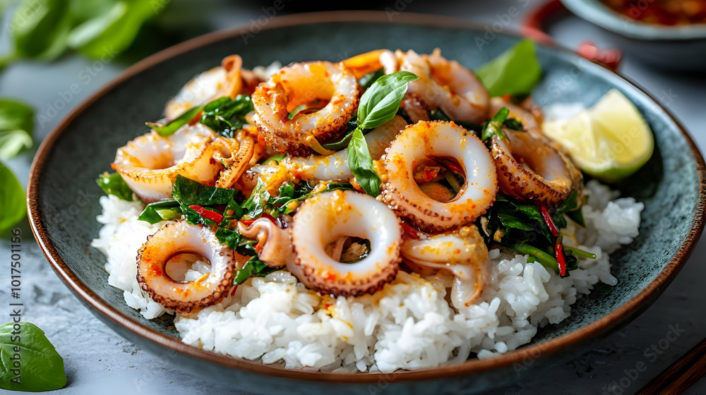 Spicy Thai Basil Fried Rice with Squid. Spicy Thai Basil Fried Rice with Squid.