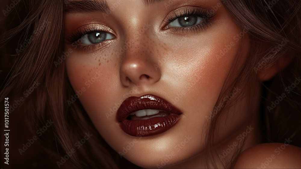 Closeup of stunning woman model with dramatic bronze makeup, captivating high-fashion flawless beauty with red lips