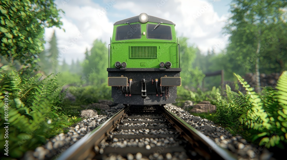 Fototapeta premium Green Diesel Locomotive Approaching on Railway Tracks Through Forest