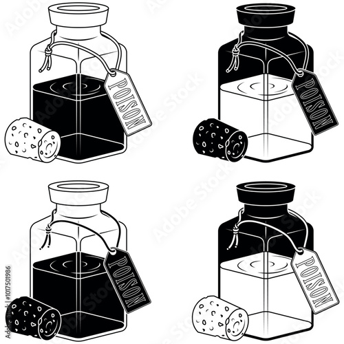 Glass bottle with magic liquid substance, magic potion container with label