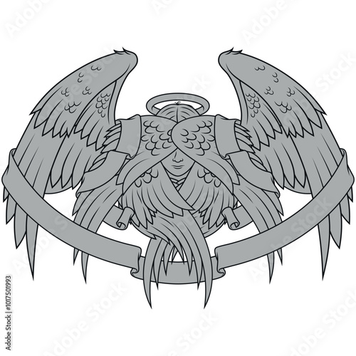 Angel with six wings and ribbon, angelic face of the Catholic religion, archangel and surrounded by heavenly scroll