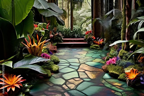 rainforest floor a mix of greens and earth tones with colorful f photo