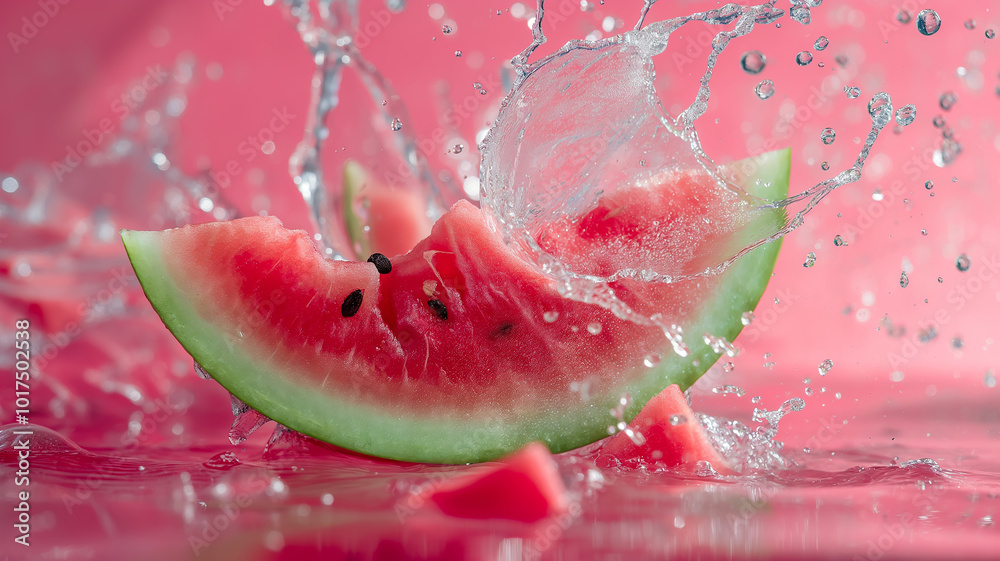 Vibrant Watermelon Slice in Splash Motion,A crisp, detailed image showcasing a watermelon slice splashing in water against a lively pink background