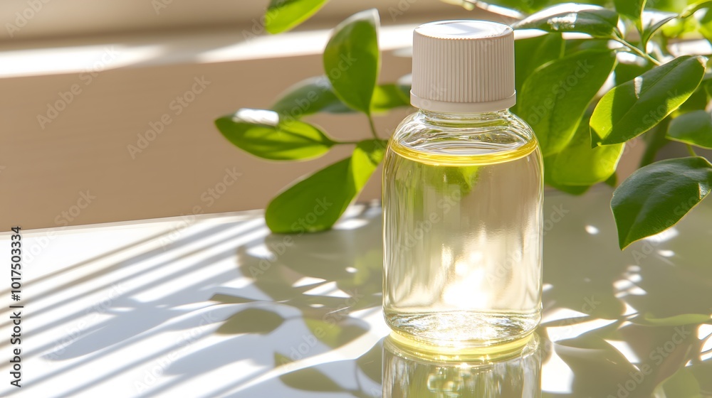A clear bottle of oil sits on a table, surrounded by green leaves, illuminated by soft sunlight filtering through a window. A clear bottle of oil sits on a table, surrounded by green leaves, illuminated by soft sunlight filtering through a window.