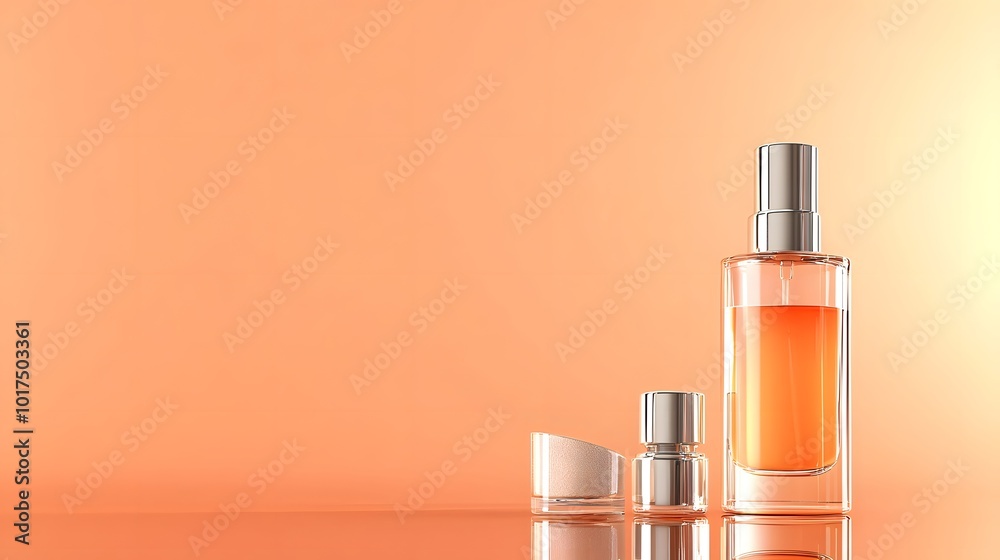 A sleek glass perfume bottle with a spray nozzle beside two smaller containers, set against a warm orange background.