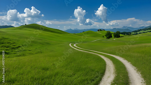 Winding Path Through Green Hills.