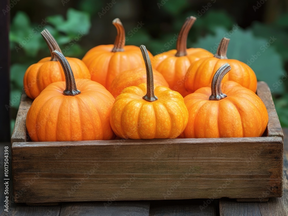 Autumn arrangement of orange pumpkins in a wooden box Autumn arrangement of orange pumpkins in a wooden box