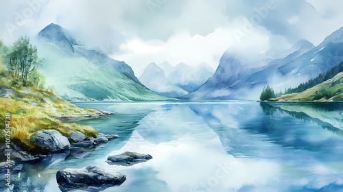 Watercolor painting, beautiful scandinavian fjord. Scandinavian Fjords. Illustration